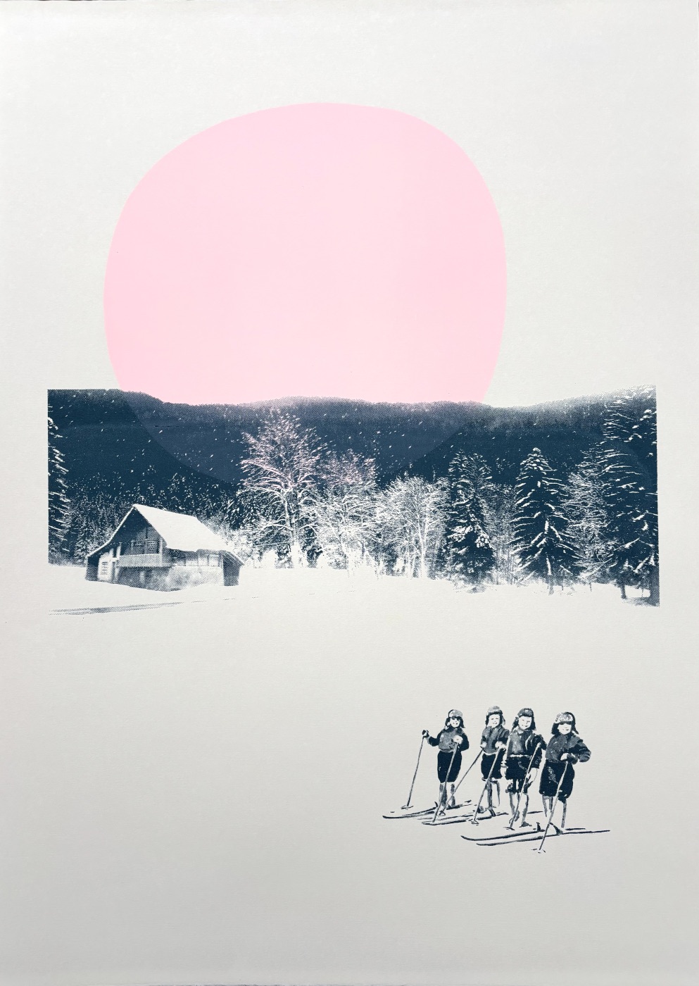 oeuvre skieurs enfants montagne